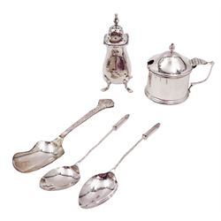 Group of silver, comprising mustard pot and cover, pepper shaker and pair of spoons with bullet handles, shovel spoon, all hallmarked 