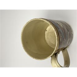 Late 18th century earthenware mug, possibly Ralph Wedgwood, Burslem or Ferrybridge, with surface marbled decoration and later gilt detail to rims and handle, impressed beneath Wedgwood & Co, H12cm