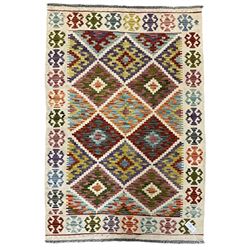 Chobi Kilim ivory and multi-colour rug decorated with stepped geometric lozenges and repeating border 