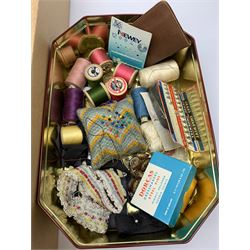 Two vintage Lighting Taper tins, one marked Feild's, pair of F Pinet children's leather shoes, two further pairs of shoes, pierced fan, and a selection of various sewing items, to include knitting needles, thread, dress making chalks, mother of pearl buttons, thimbles, etc. 
