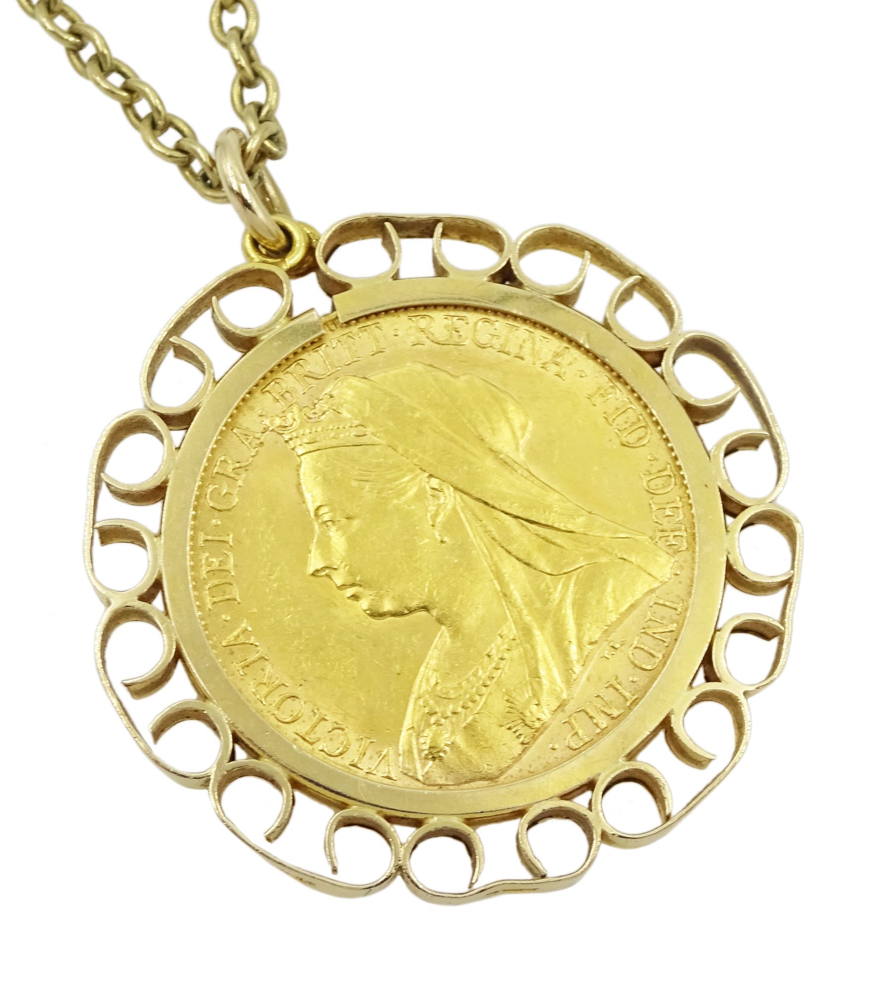 Queen Victoria 1901 gold full sovereign, Perth mint mark, loose mounted in gold pendant on gold chain, both 9ct