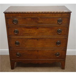  Early 19th century mahogany chest of four cockbeaded graduating drawers, with pine sides,  reel and bobbin mouldings, on shaped bracket supports, W94cm, H100cm, D47cm  
