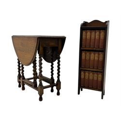 20th century oak barley twist gateleg table (W78cm); early 20th century narrow oak bookcase with Charles Dickens novels (W31cm, H93cm) 