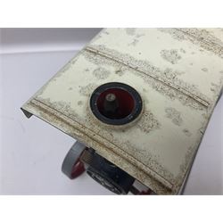 Mamod TE1a steam traction engine with burner, bunker, steering rod and funnel; red and black painted Tri-ang tin-plate Jones KL44 mobile crane; and two Hull Savings Bank Home Safe money boxes; all unboxed (4)