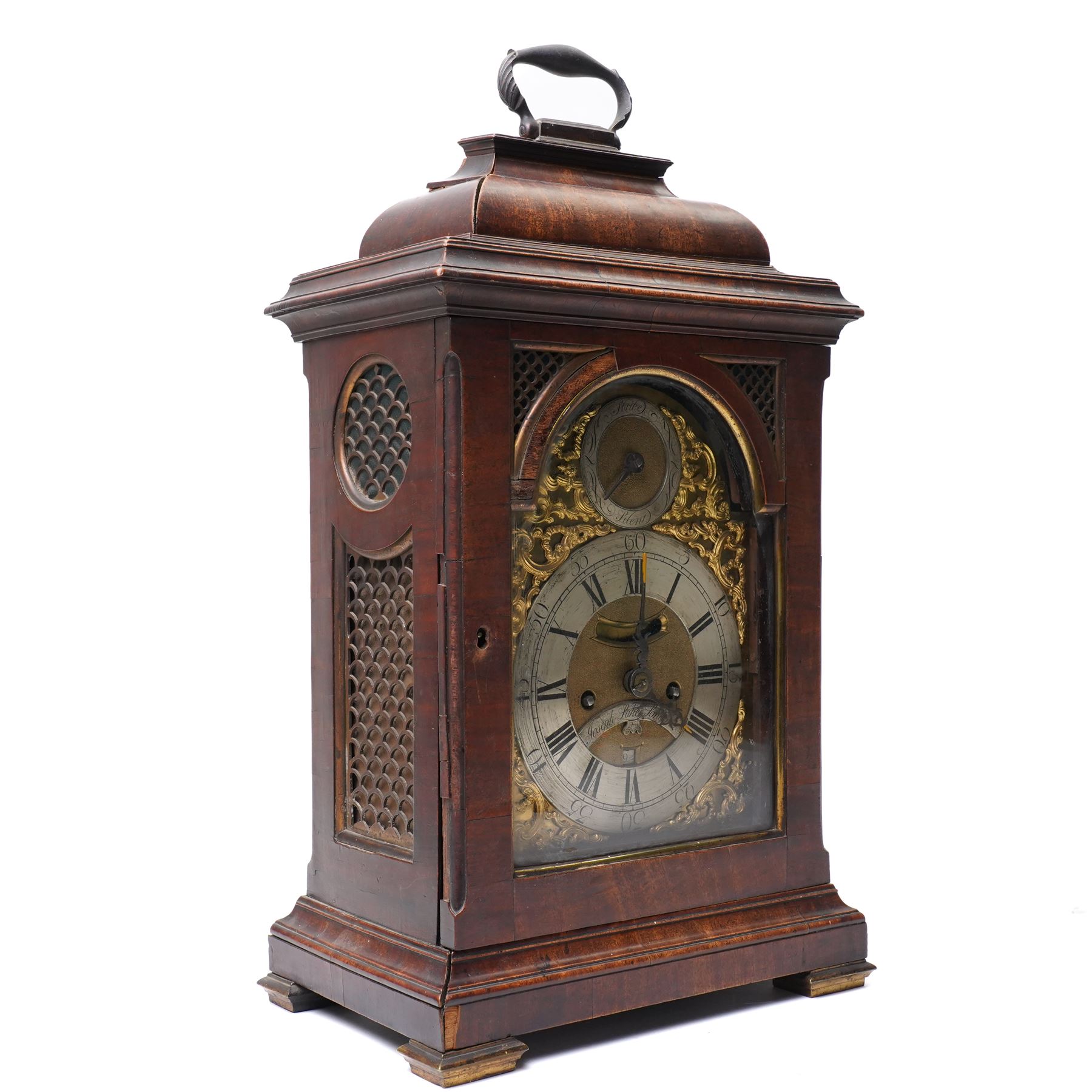 18th century twin fusee bracket clock with recoil anchor escapement the steel and brass dial inscribed Joseph Lake, London with strike silent ring and ormolu spandrels, engraved back plate in caddy top walnut case H47cm