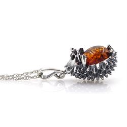 Silver amber hedgehog pendant necklace, stamped 925