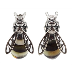 Pair of silver Baltic amber bee stud earrings, stamped 925
