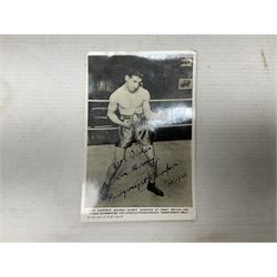 Football - Sherman's Searchlight on Famous Teams trade cards 1938-39 (28) and Searchlight on Famous Players (15); and nine booklets including F.A. Cup Annual 1951;two early 1960s F.A. Yearbooks etc; together with seven photographs of cricket teams, first half of 20th century; and four 1940s and later cricket booklets; and a signed postcard of boxer Len Harvey