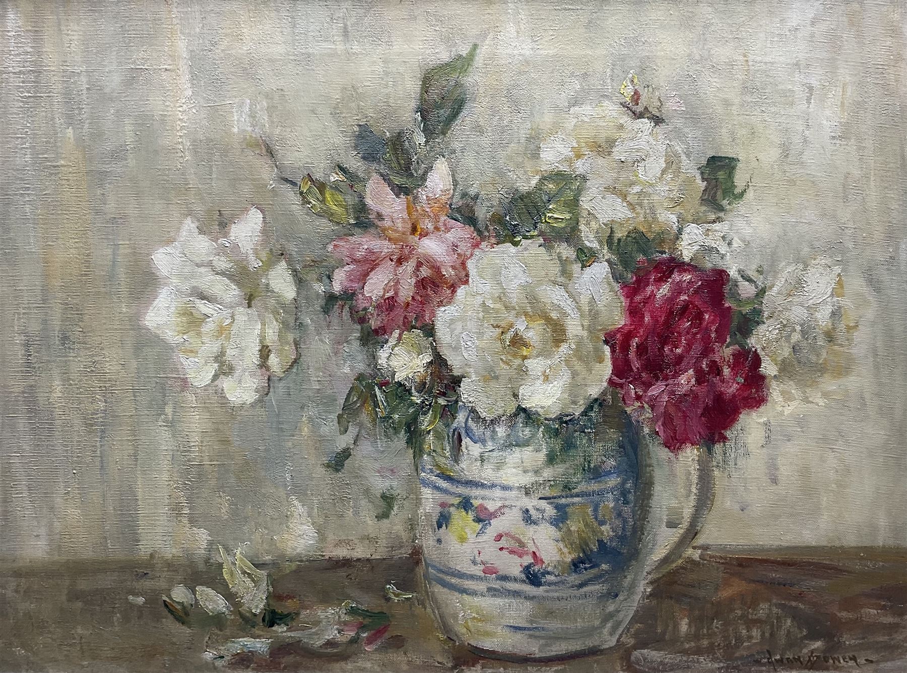 Owen Bowen (Staithes Group 1873-1967): Still Life of Red and White Roses in a Jug, oil on canvas signed 45cm x 60cm