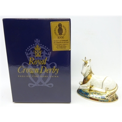  Royal Crown Derby paperweight, 'unicorn', No. 1026/2000, boxed, with gold stopper  