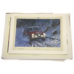 Nicholas Watts (British 20th century): 'Monte Carlo Rally 1964', limited edition print signed by the artist and two drivers Paddy Hopkirk and Henry Liddon 53cm x 72cm; Alfredo De La Maria (Uruguayan 1945-): six limited edition prints, max 64cm x 87cm (7) (unframed)