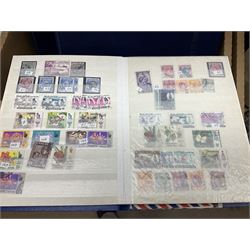 Large collection of Malaysian and Malaysian States stamps, including Singapore, Straits Settlements, Labuan, Sarawak, Johore, Kedah, Kelantan and Malacca etc, various Indian stamps including feudatory states etc, housed in various ring binder folders, reference materials and various coins including pre decimal pennies, United Kingdom 1987 brilliant uncirculated coin collection etc, in three boxes