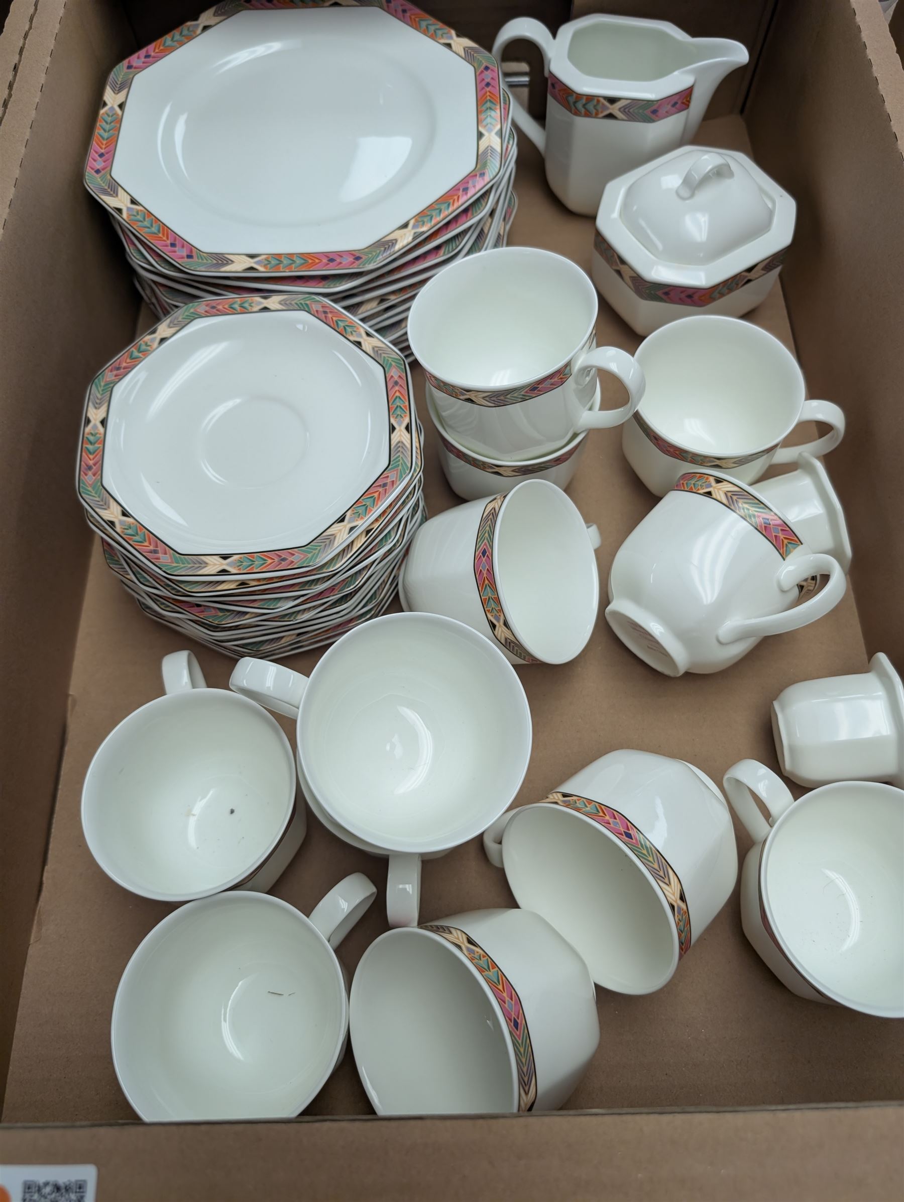 Villeroy & Boch Cheyenne pattern part tea service, pair of ceramic candlesticks, blue and white platters and plates, wooden stands etc