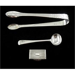 George IV silver vinaigrette, makers mark T.S, Birmingham 1824, pair of Georgian silver sugar tongs and silver mustard spoon, both hallmarked, approx 1.8oz