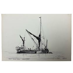 Jack Rigg (British 1927-2023): 'Thames Sailing Barge', pen and ink sketch signed titled and dated 1977, 20cm x 30cm (unframed)