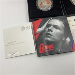 Four The Royal Mint United Kingdom 2020 one ounce fine silver coins, comprising two 'Queen', 'Elton John' and 'David Bowie', all cased with certificates 