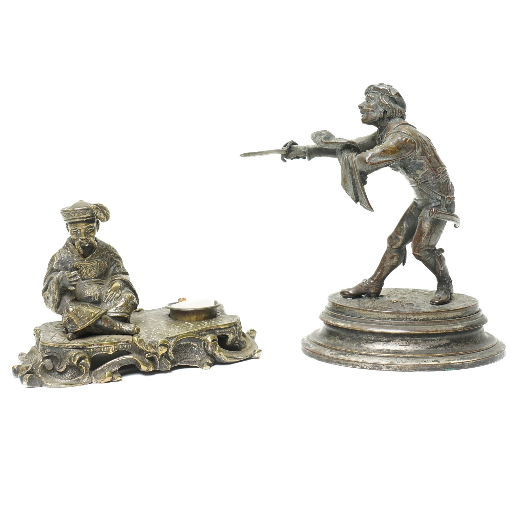 Early 19th century bronze 'go to bed' in the form of a seated Chinese figure on a rococo base W11cm and a plated on copper figure of a swordsman H12cm (2)