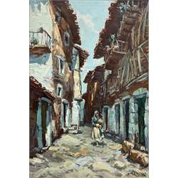 Andreina Crepet Guazzo (Italian 1909-1983): Lady Walking down a Narrow Street, oil on canvas indistinctly signed 71cm x 48cm
