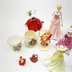  A collection of figurines, to include a selection of Royal Doulton fgurines, Autumn Stroll HN4588, Spring Time HN4586, Summer Breeze HN4587, Rosie HN4094, Karen (a/f), four small examples, etc.   