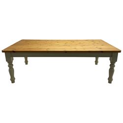 Large pine farmhouse style dining table, rectangular top on painted base, turned supports
