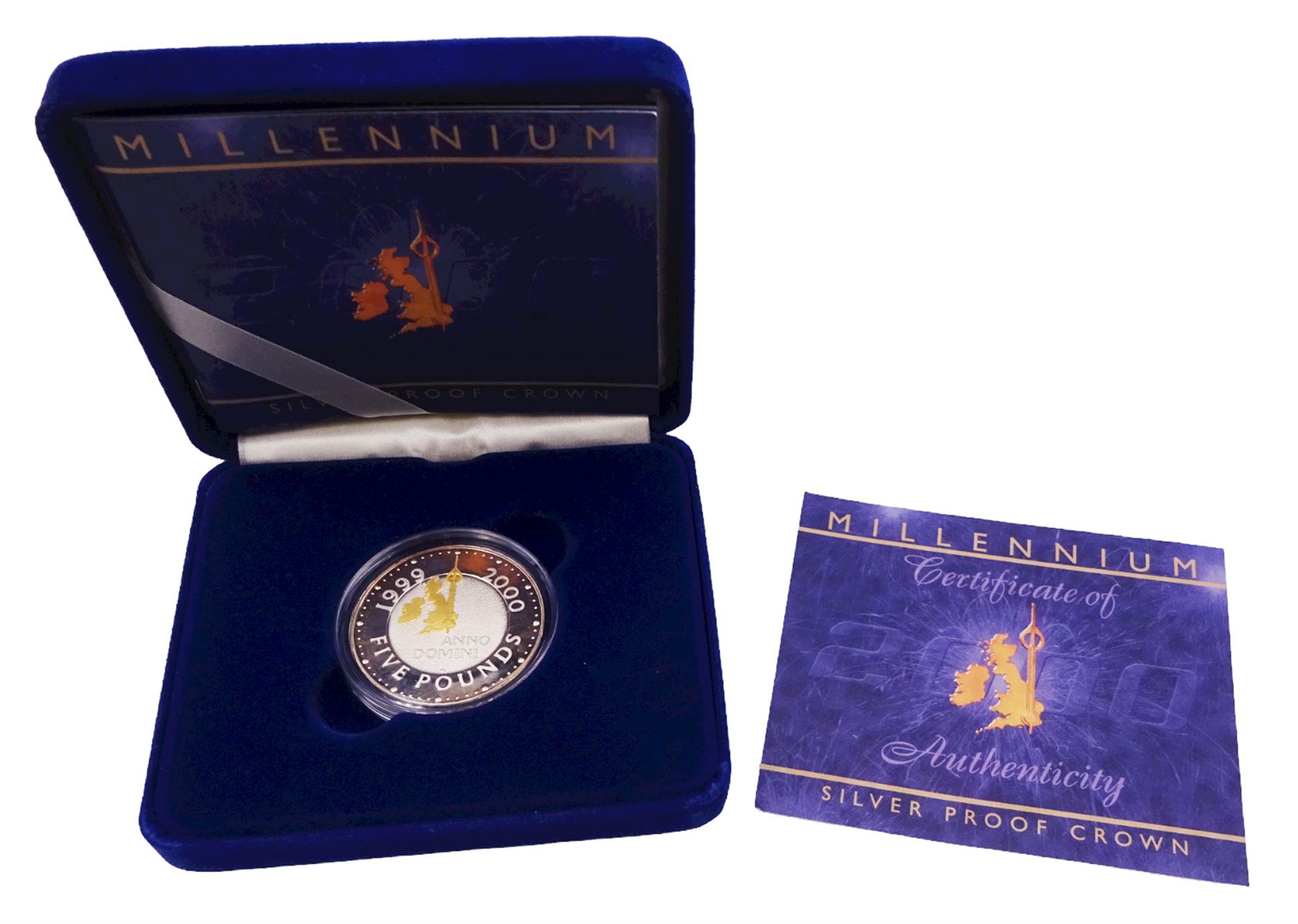 Five The Royal Mint United Kingdom silver proof coins, comprising 1994 two pound commemorating the Tercentenary of the Bank of England, 1996 five pounds commemorating Her Majesty the Queen Elizabeth II 70th birthday, 1997 two pound Britannia, 2000 'Millennium' five pound, all cased with certificate, and 1996 one pound, cased without certificate