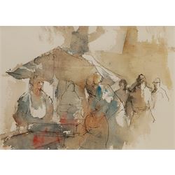 Roland Batchelor RWS (British 1889-1990): 'Market Dorset', watercolour and ink unsigned, painted in 1971, 17cm x 24cm 
Provenance: artist's studio; collection of Grant Waters; with Louise Kosman, Edinburgh; then with the Ariel Gallery, Lavenham, where purchased by the vendor