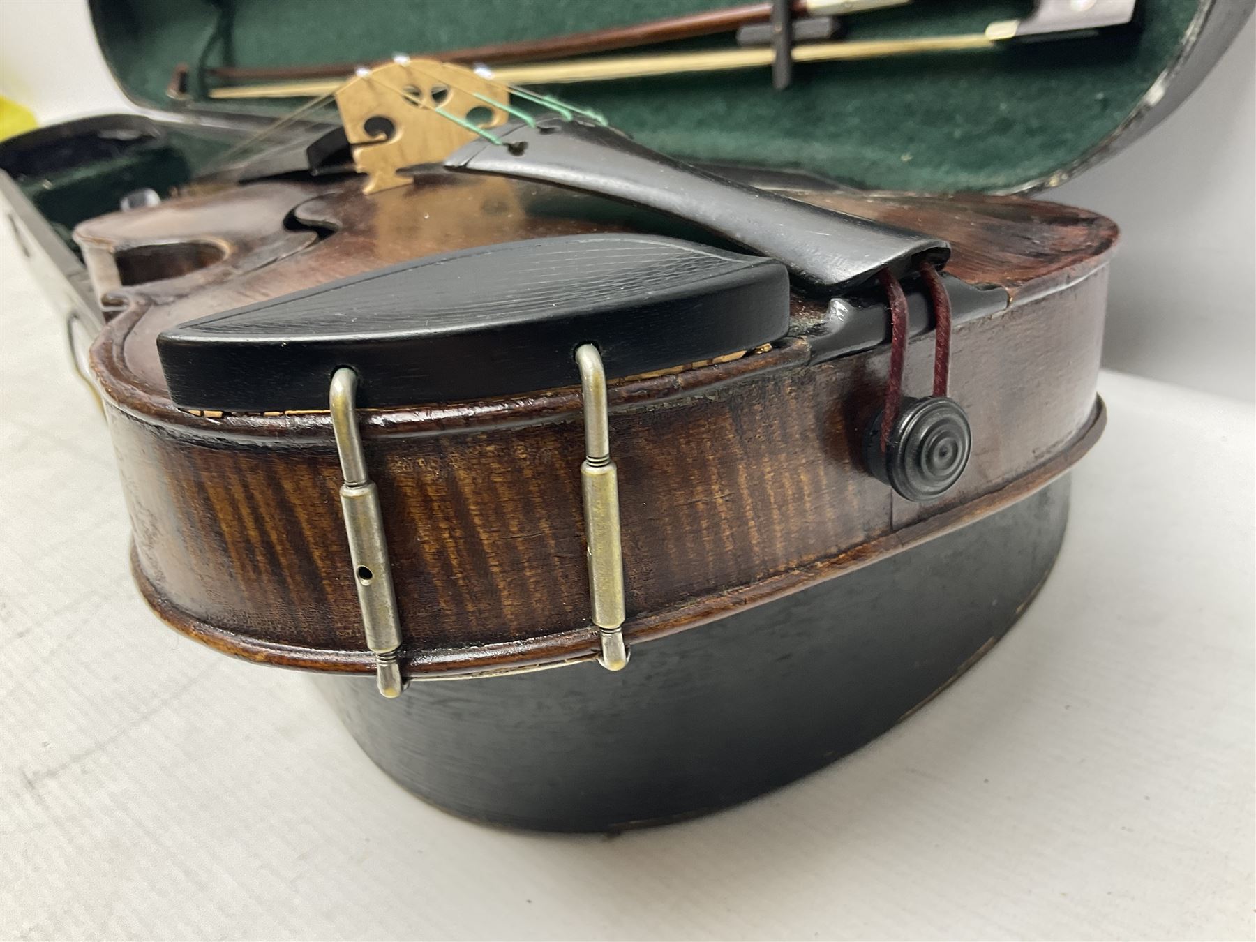 German Hopf violin c1900 with 35.5cm two-piece maple back impressed HOPF, maple ribs and spruce top, also marked HOPF internally L58.5cm overall; in Maidstone ebonised wooden coffin case with bow