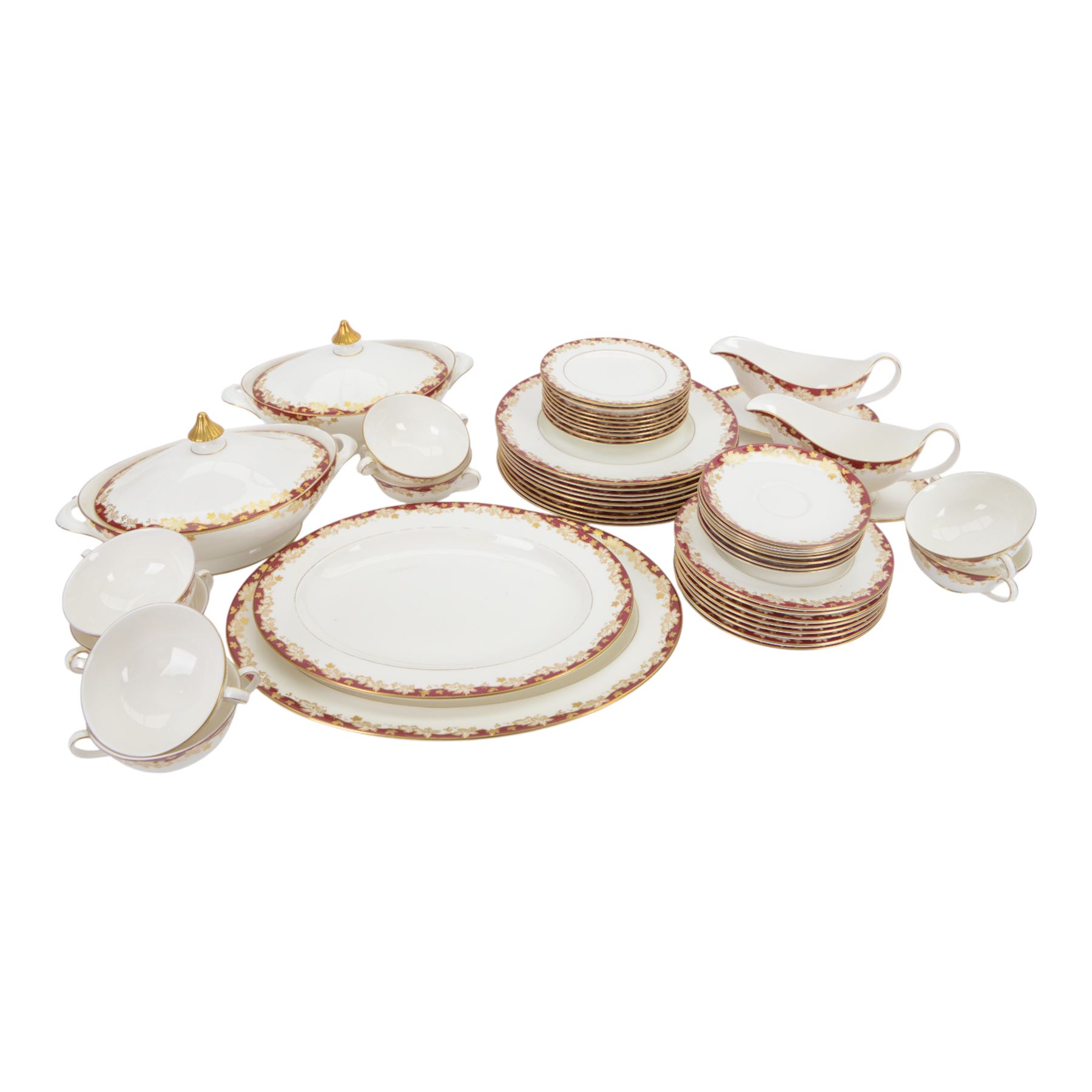 Royal Doulton Winthrop dinner service for eight, including dinner plates, side plates, twin handled bowls and saucers, two covered dishes, two sauceboats and saucers etc 