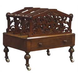 Victorian walnut Canterbury, scrolled fret work dividers, single drawer, turned feet, W53cm  