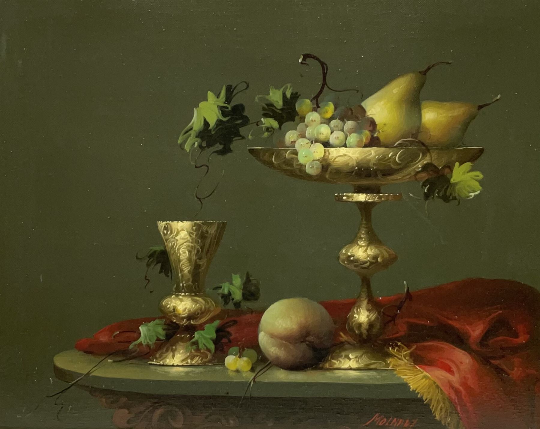 Jozsef Molnar (Hungarian 1939-): Still Life with Tazza Cup and Fruit, oil on canvas signed 