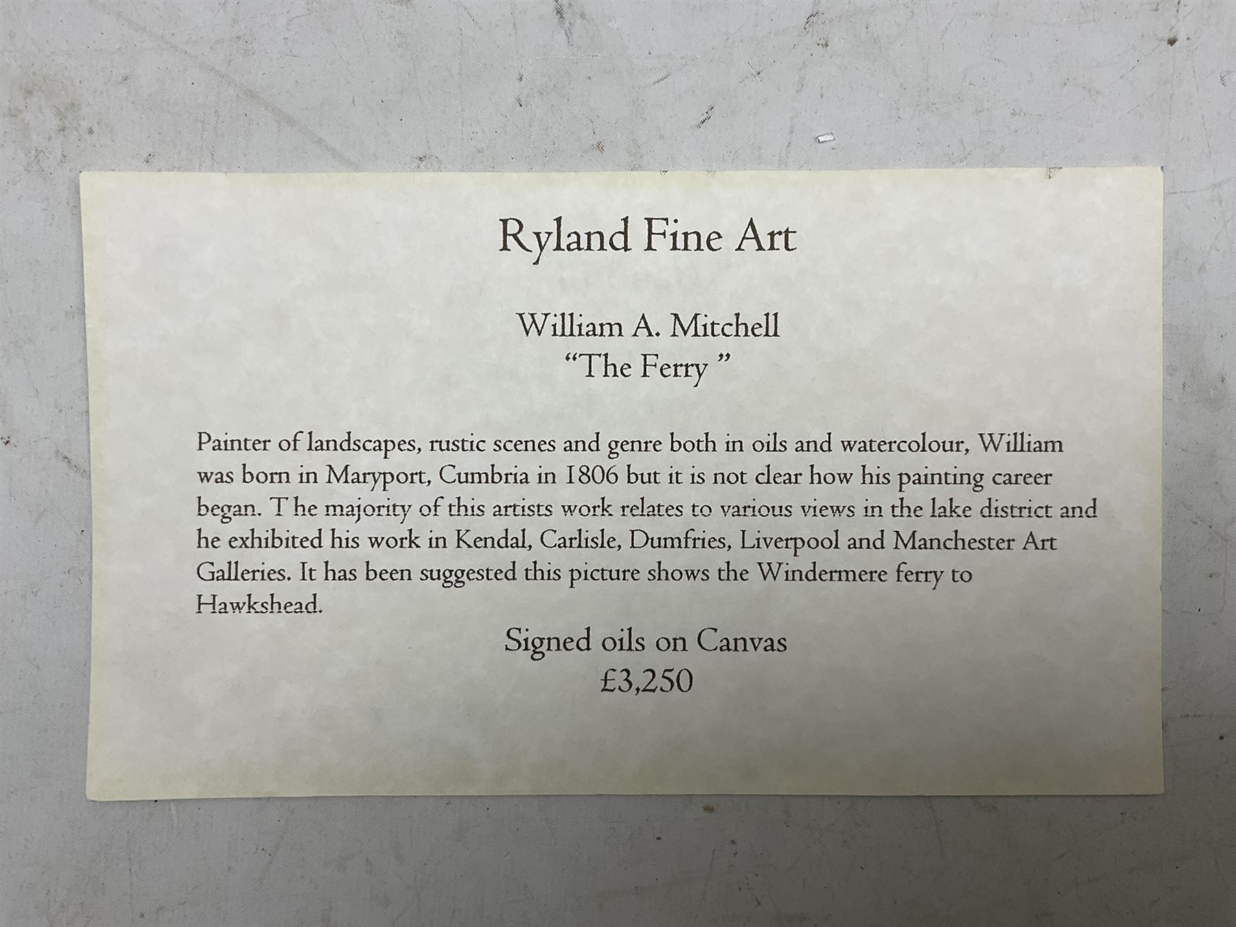 William Mitchell of Maryport (British 1806-1900): Waiting for the Ferry on Lake Windermere, oil on canvas signed and indistinctly dated 1854, 46cm x 82cm 
Provenance: with John Simpson, Ryland Fine Art, Driffield, receipt verso