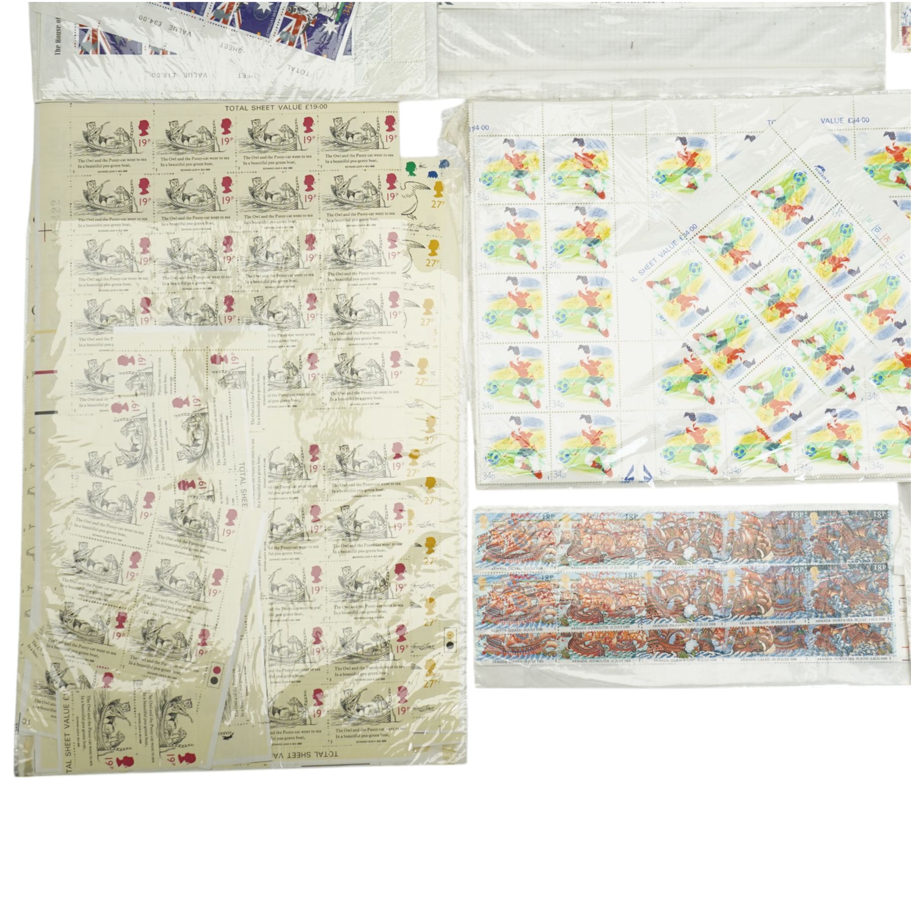 Queen Elizabeth II mint decimal stamps, from 1988 with 'The Australian Bicentenary', 'Edward Lear', 'Christmas' etc, face value of usable postage approximately 550 GBP
