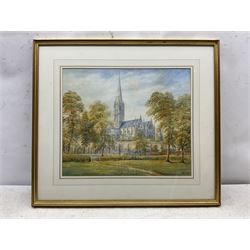 English School (20th century): Salisbury Cathedral, watercolour indistinctly signed 38cm x 46cm