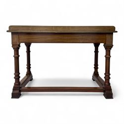 Late Victorian mahogany side table in the style of Gillows of Lancaster, mahogany rectangular top above two frieze drawers, the top edge of the right drawer stamped 'Gillow' and 'L486' with knob handles supported on turned stop and fluted legs with stretcher base on recessed castors

Provenance: The Davies-Cooke Collection from Gwysaney Hall, North Wales  