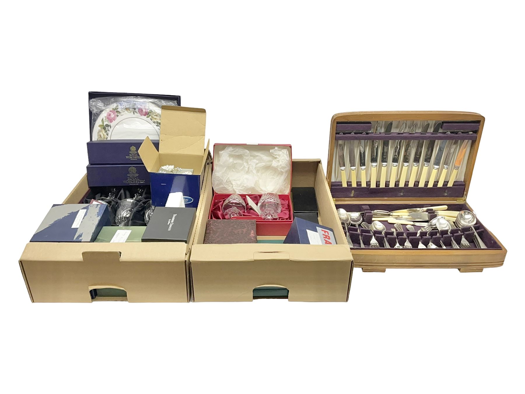 Juliana Treasure trinket, together with Stuart Crystal Redhouse Collection wine glasses, other glasses and flatware, in two boxes