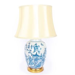 Table lamp of baluster form decorated with landscape upon a gilt stepped base, H66cm