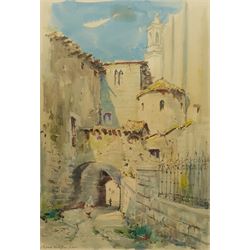Spanish School (20th century): Figures Beneath an Arch in Girona, watercolour and ink indistinctly signed 44cm x 30cm