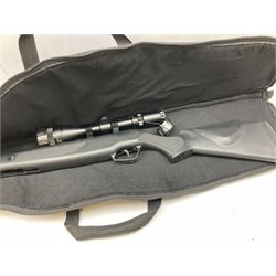 Stoegar .177 air rifle with break barrel action, 3 x 9 telescopic sight and fully integrated sound moderated barrel, no visible serial number, L109cm; in Stoeger lined gun sling