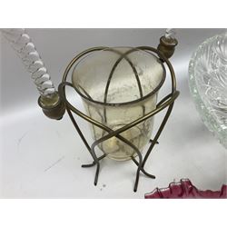 20th century moulded glass and gilt centre piece bowl with carrying handle and ornate trefoil base, together with frilled cranberry edge glass comport with ornate gilt base, and further centre piece with  large glass handle of twisted form, tallest H54cm