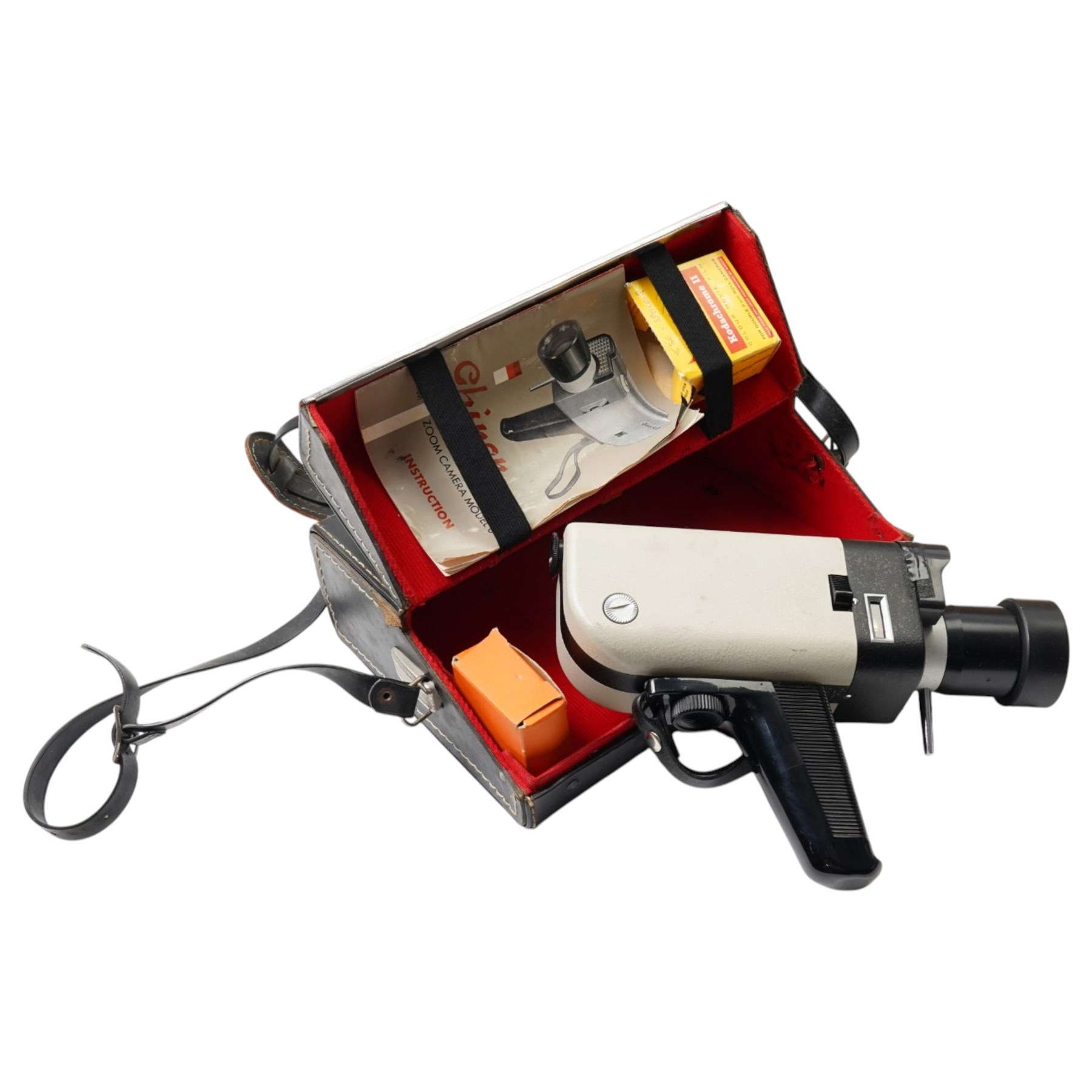 Late 20th-century film equipment, including Rigonda Fiesta 401D portable television set USSR, Chinon Facel II cine film camera in case, A Prinz Magnon ZRS projector in a case and a JVC compact VHS, 3