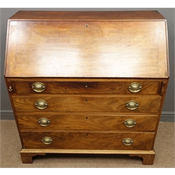  George III mahogany bureau, fall front with fitted interior, four graduating figured drawers, bracket feet, W106cm, H111cm, D52cm  