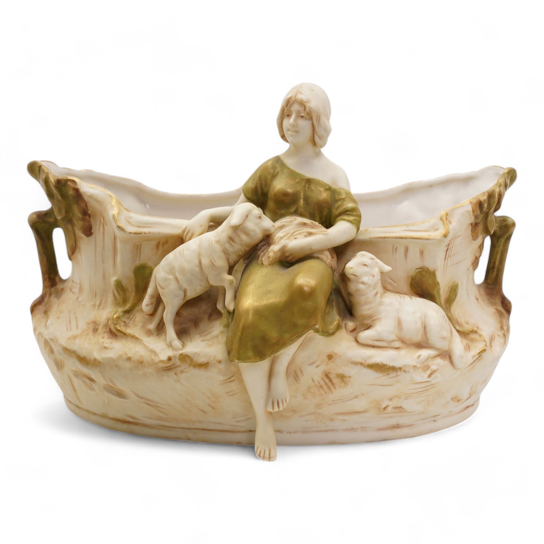 Pair of Royal Dux male and female figures holding doves, H24cm and smaller and a Royal Dux figural planter, modelled as a young shepherdess with lambs, H18cm (3)