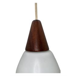 1970's Scandinavian teak three light centre light fitting, with white frosted tapered glass shades, in the style of designer Osten & Uno Kristiansson