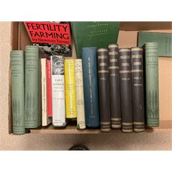 Two volumes of the Concise Household Encyclopedia together with Encyclopedia of Useful Information & Atlas of the World, two volumes of the Cathedrals of England and Wales and various books on farming, in two boxes