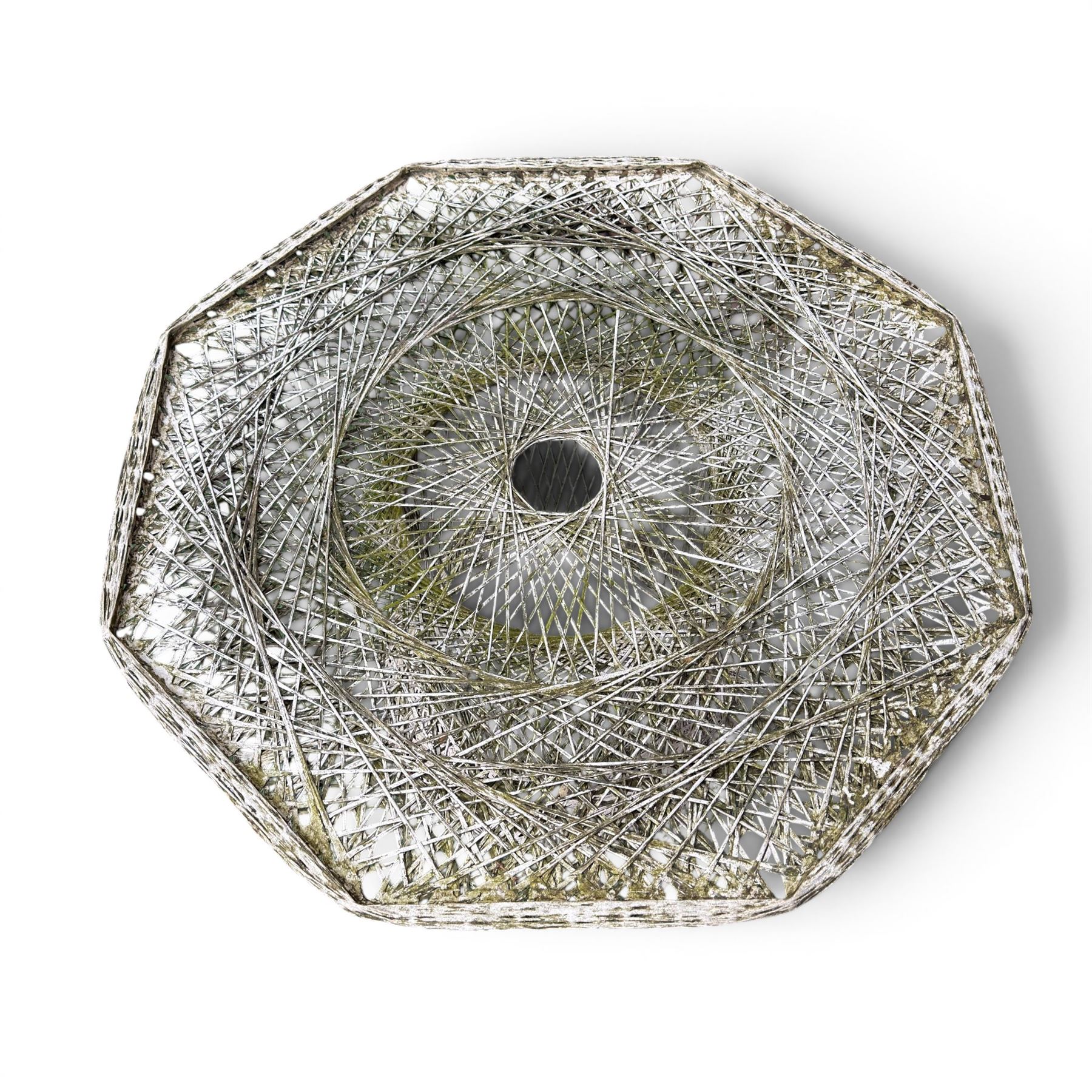 Two French early 20th century painted wicker octagonal garden tables, circular pedestals with parasol opening; with matching side table (3)