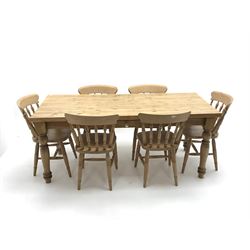 Rectangular pine rectangle table, turned supports (L183cm, W79cm, 78cm) and six beech chairs, turned supports (W50cm)