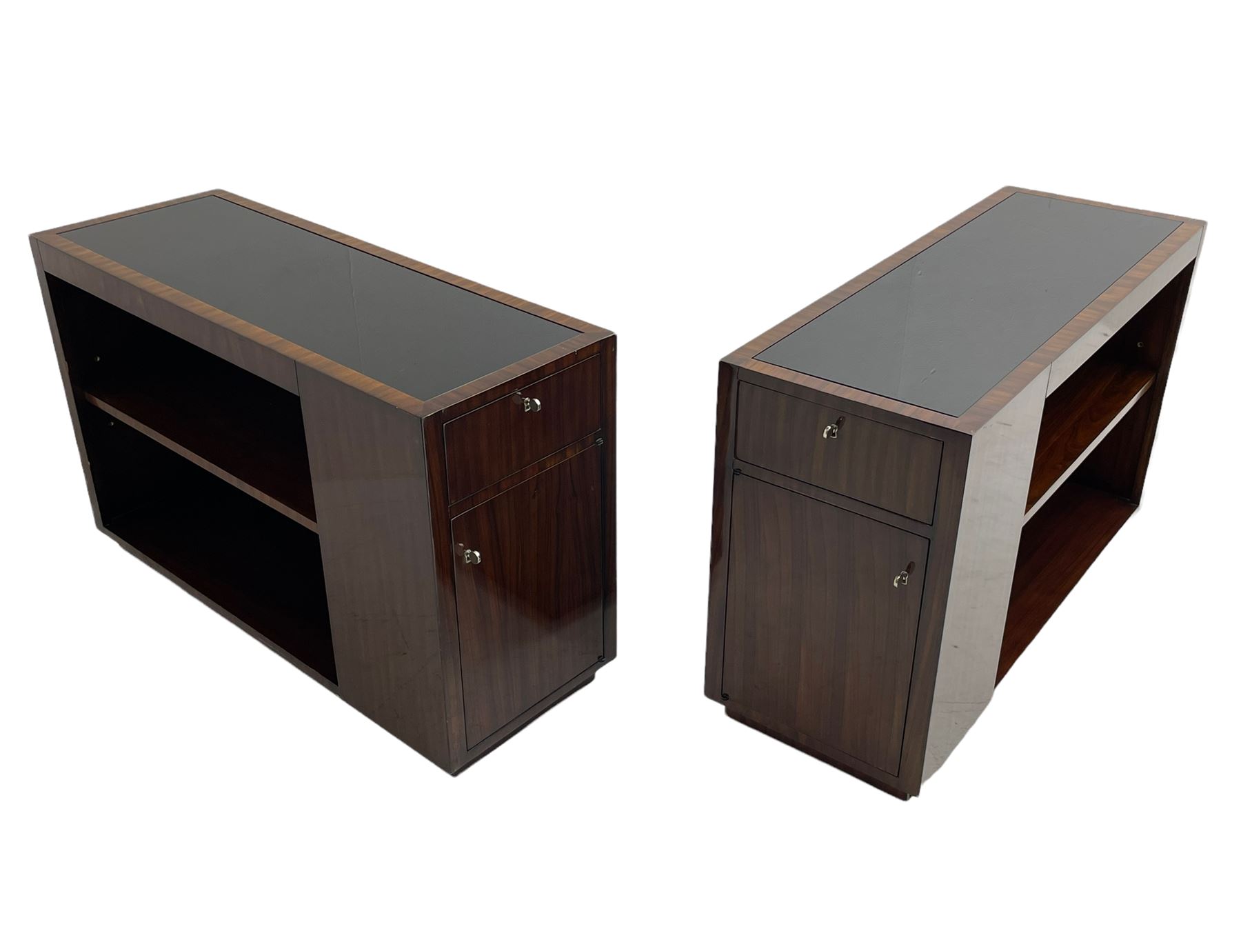 Ralph Lauren - pair 'Metropolis' Art Deco design end-tables, rosewood finish box frame with smoke glass inset, each fitted with cupboard, drawer and shelf