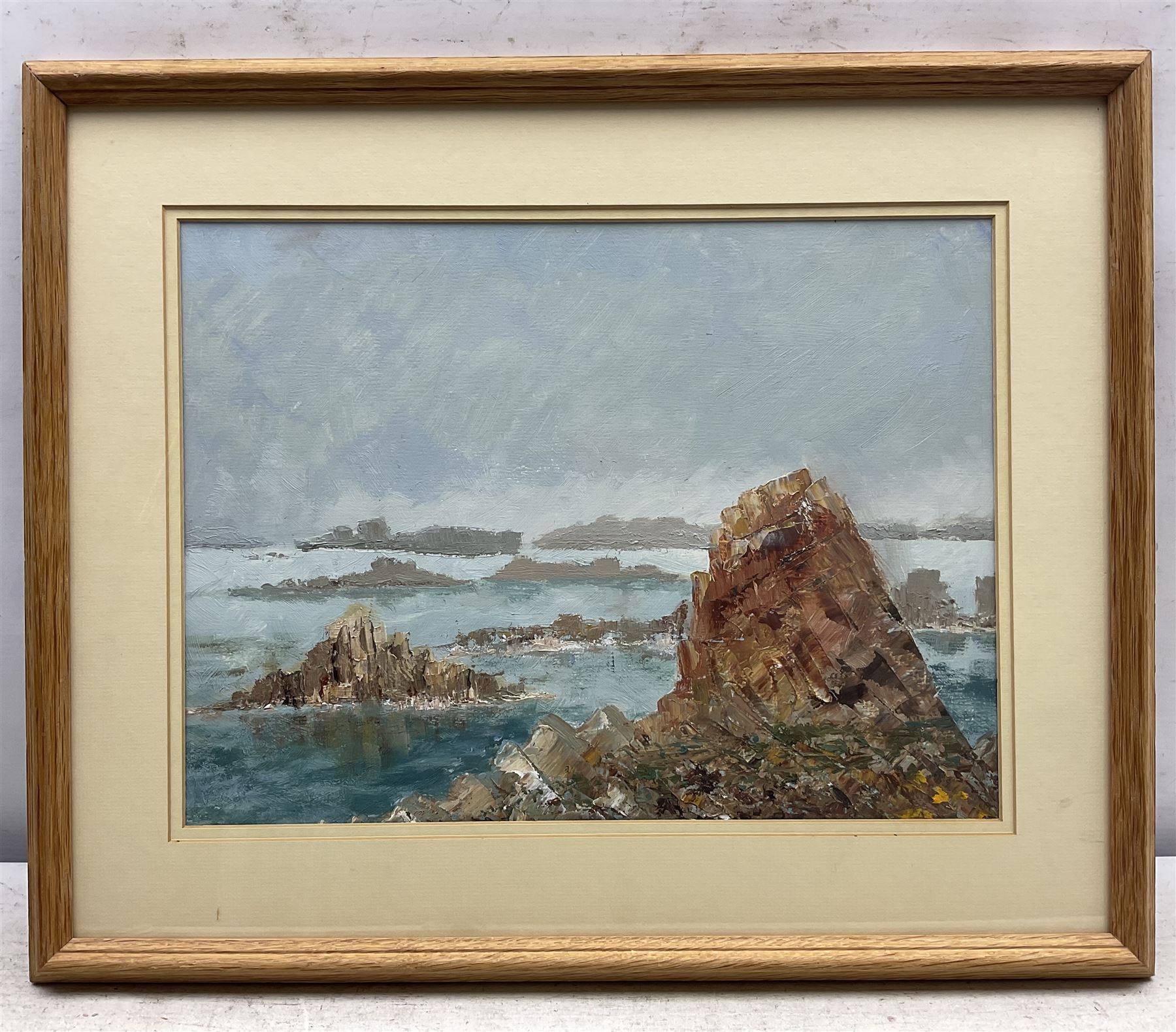 Margaret Oldfield (British 20th century): Scilly Isles, impasto oil on board, signed on label verso 27cm x 37cm 