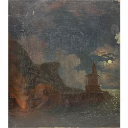 William E Jones (British fl.1849-1871): Lighthouse by Moonlight with Figures building a Bonfire on the Beach, oil on canvas signed 46cm x 41cm (unframed)