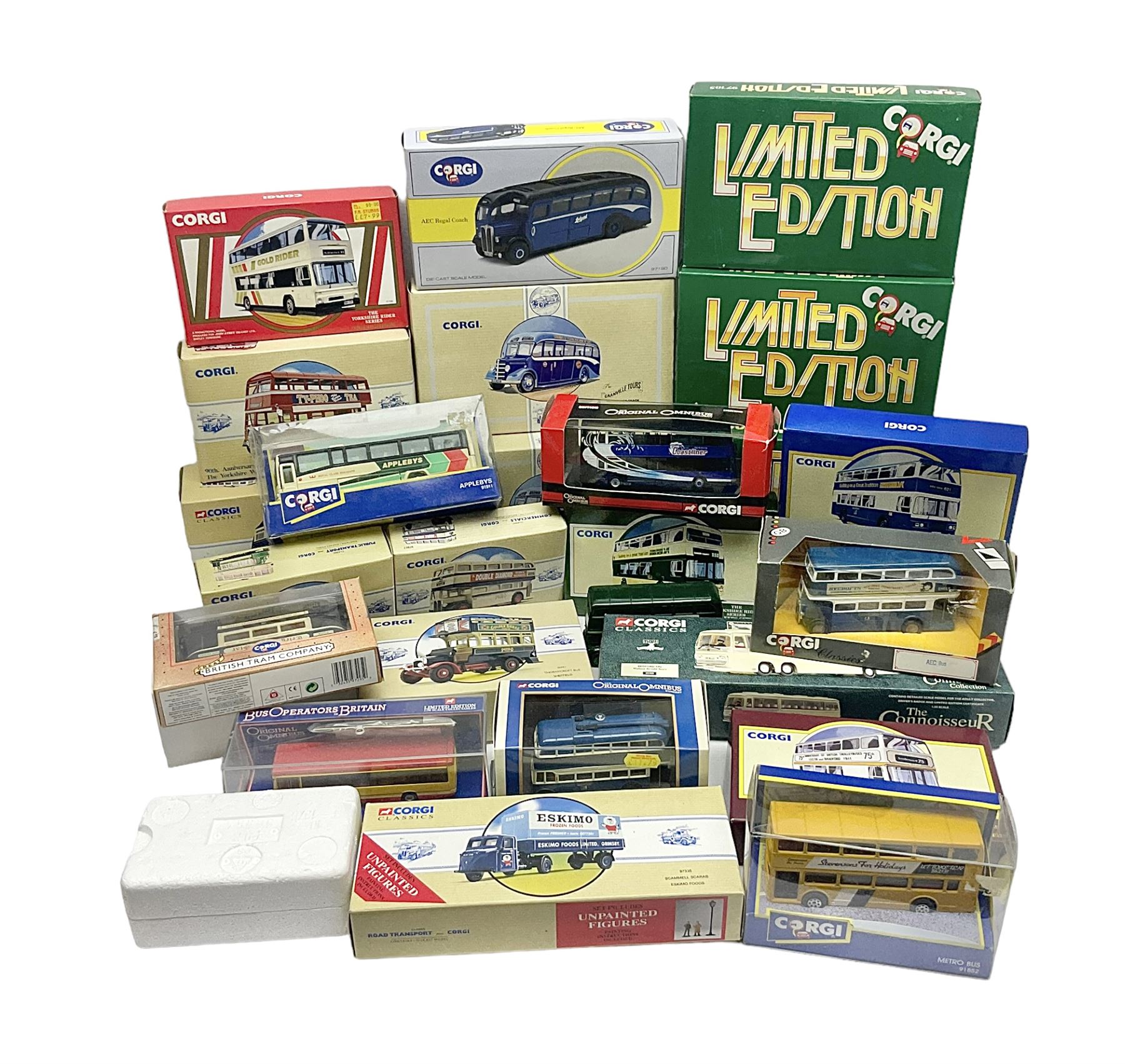 Corgi - twenty eight modern die-cast model coaches, buses and wagons to include Corgi Classics 35305, 96991, 97002, two 97108, 97208, 97267, 97335, 97871 and 98162; limited edition sets D949/26, 97107 and 97185; The Yorkshire Rider Series 91700, 91853, 91858 and 91862; all but one in original boxes or perspex display cases, most with certificates (27)